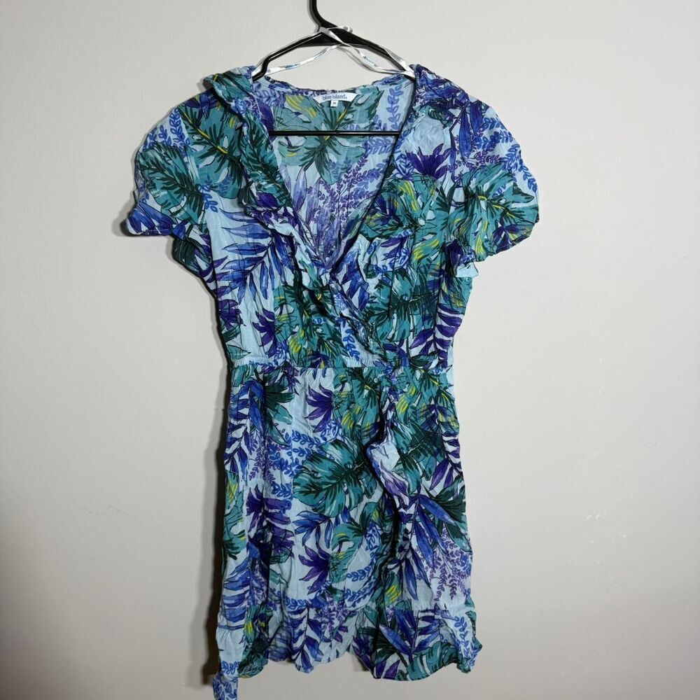Blue island floral ruffle mini dress size medium hawaiian beach dress
